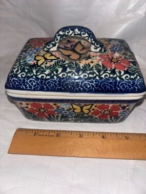 Polish Pottery Floral Ceramic Trinket Box with Handle - Blue, Red, Yellow
